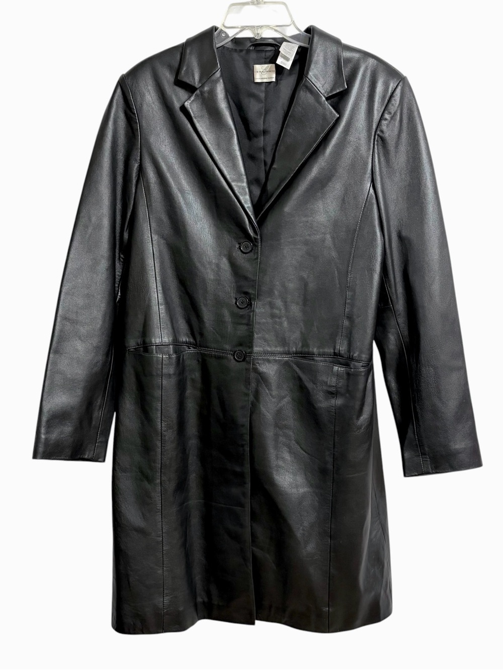Emma James Vtg Knee Length Leather Coat Womens 12 Black Minimalist Sophisticated